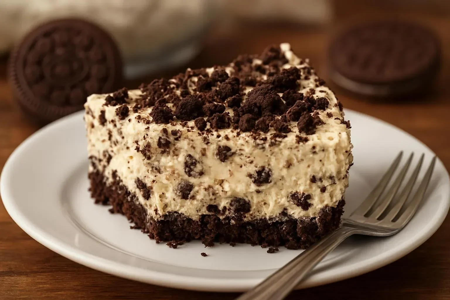 No Bake Oreo Cheesecake topped with crushed Oreos and chocolate drizzle