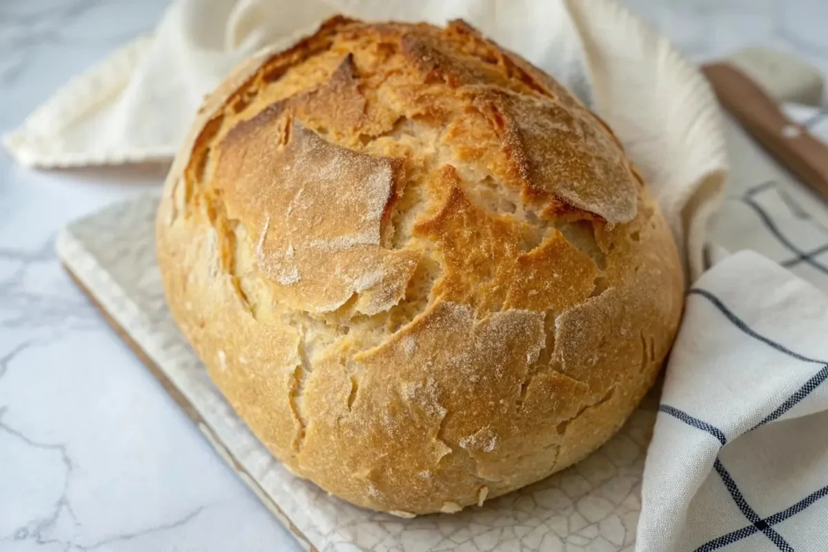 Loaf of no knead gluten free bread fresh out of the oven