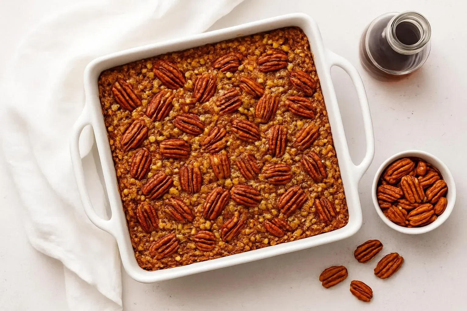 Baked gluten-free vegan pecan pie oatmeal served in a dish