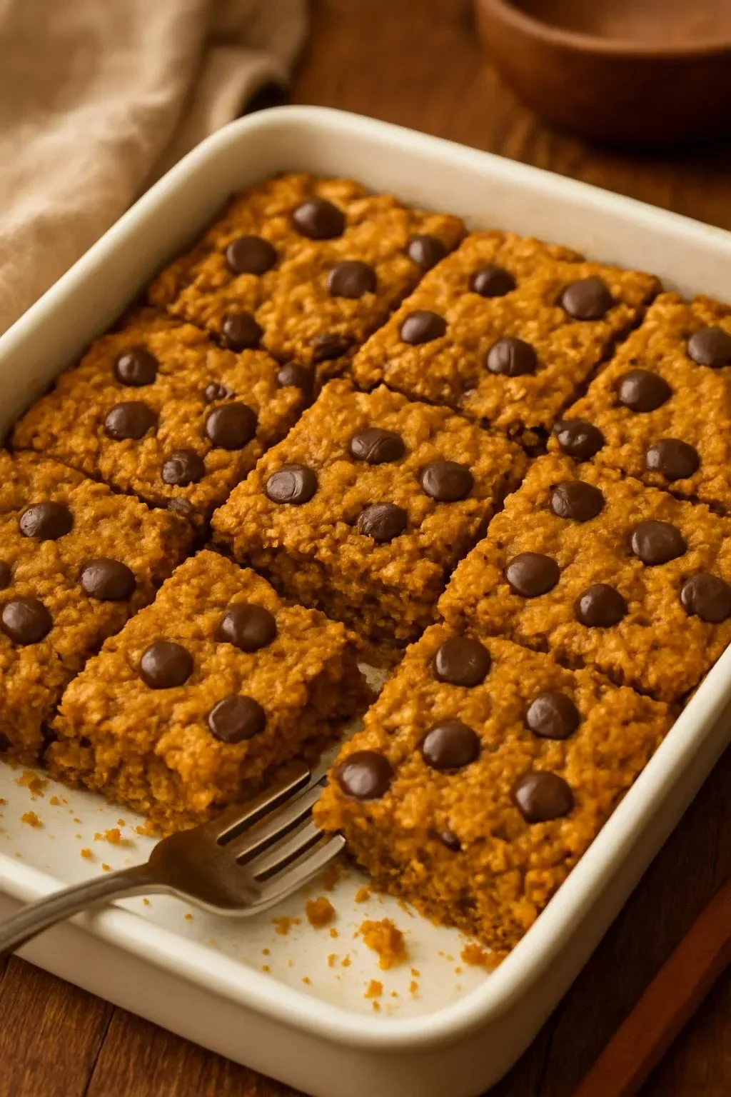 Delicious pumpkin baked oatmeal topped with nuts and spices, perfect for breakfast.