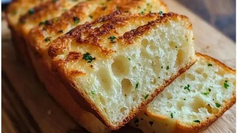 Loaf of soft, fluffy gluten free potato bread on a wooden cutting board
