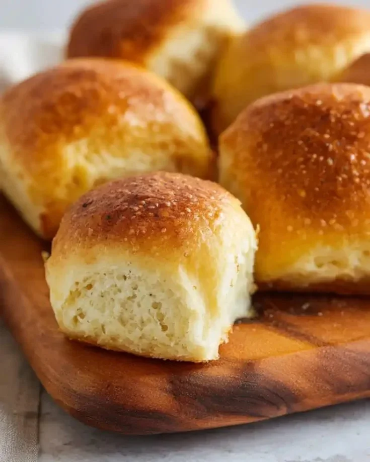 Soft and fluffy gluten-free dinner rolls on a wooden table