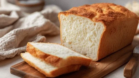 Loaf of soft gluten free sandwich bread on a wooden cutting board