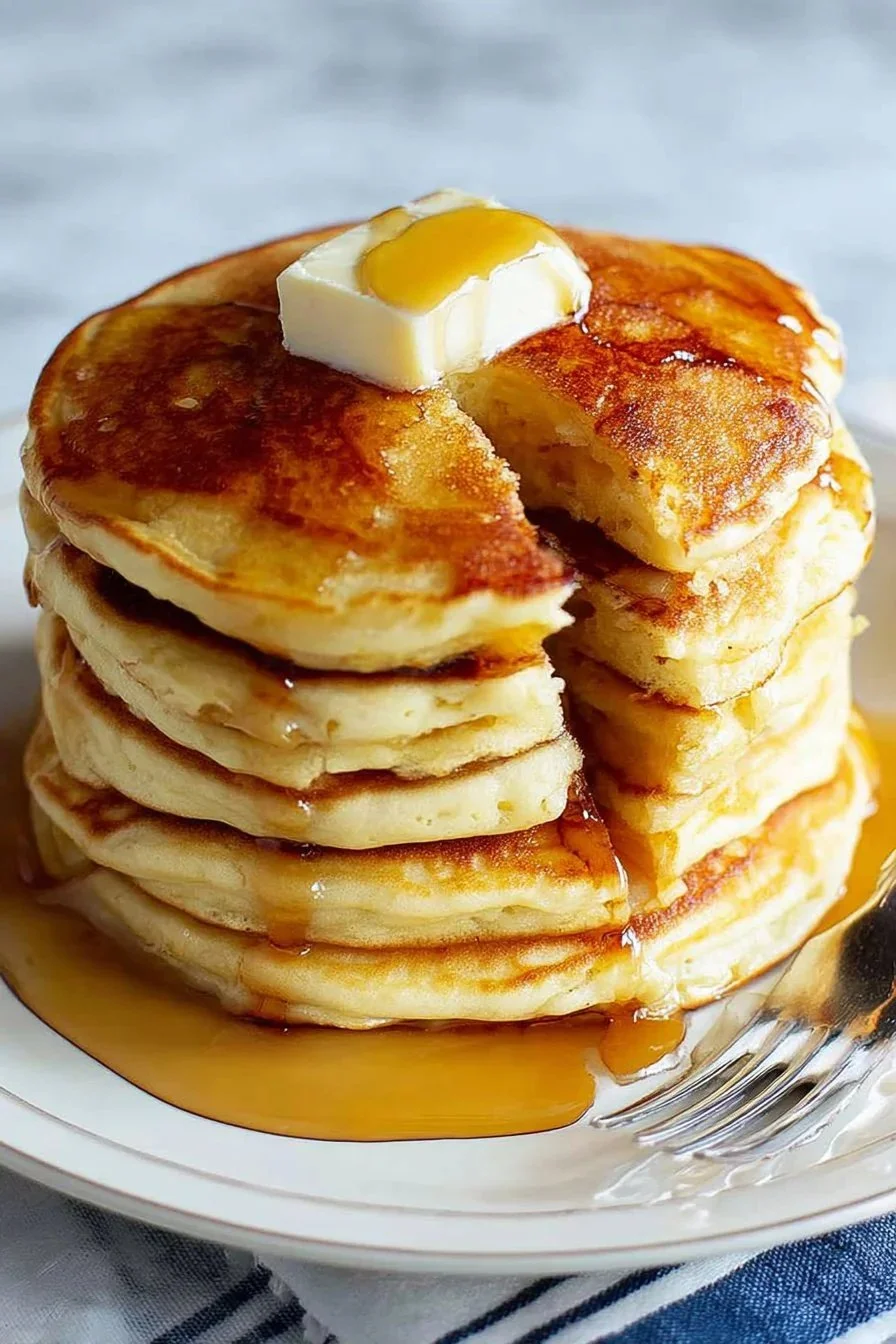 Fluffy gluten-free pancakes stacked with syrup and berries