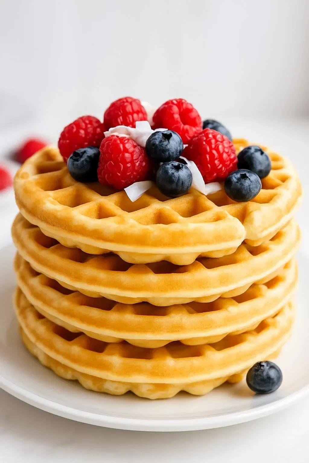 Delicious homemade gluten free waffles topped with fresh fruits and syrup.