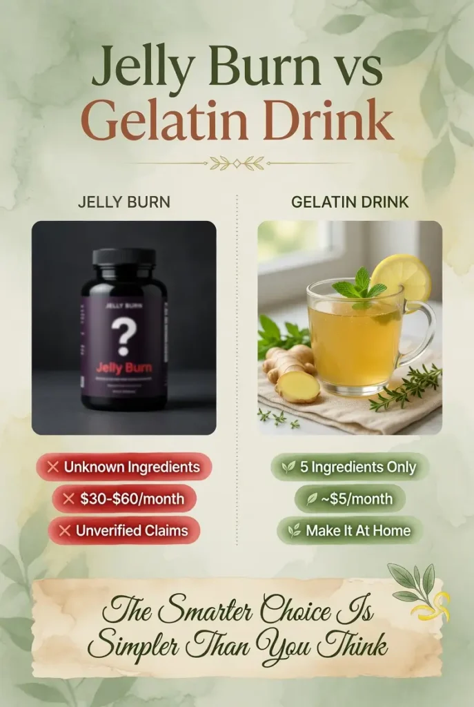 Infographic comparing Jelly Burn supplement versus homemade gelatin drink — Jelly Burn shows unknown ingredients, $30-$60 per month, and unverified claims while gelatin drink shows 5 ingredients only, $5 per month, and make it at home