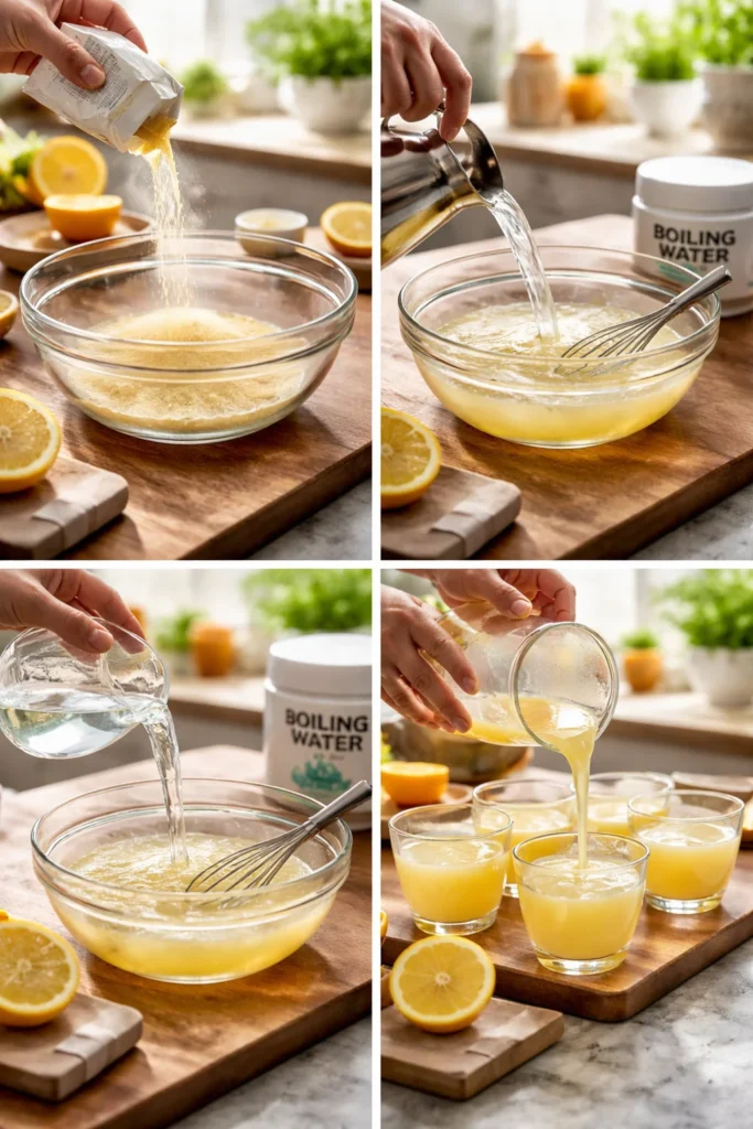 Step-by-step Lipojaro jello recipe: sugar-free gelatin, boiling water, and optional lemon juice.